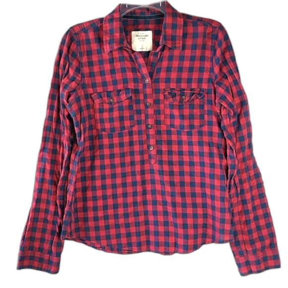 Abercrombie & Fitch Button Up Shirt Womens Size L Red Plaid Long Sleeve Collared - Picture 1 of 13